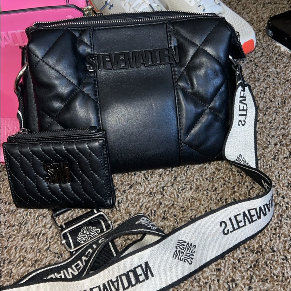 Steve Madden Black Quilted Crossbody Bag with Logo Strap